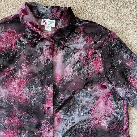 Vintage Maggie Sweet Whimsigoth Velvet Burnout Sheer ButtonUp Fairy Shiny Top 2X - Picture 3 of 13